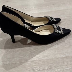 Caparros Black Satin Pointed Toe Kitten Heel Pumps with Rhinestone Buckle